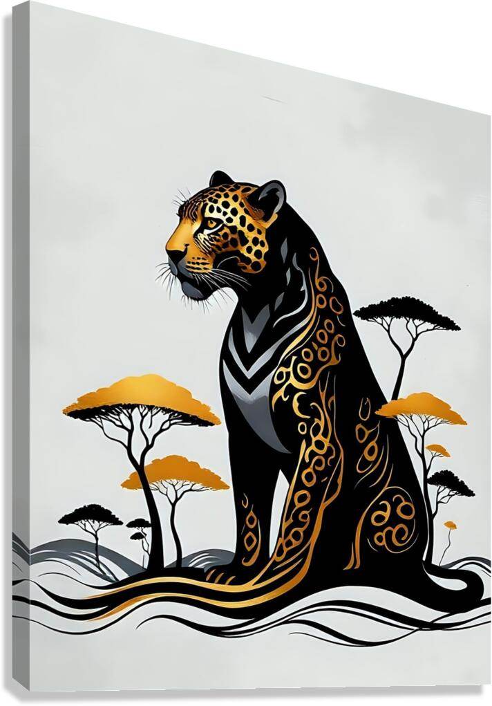 Jaguar wall art print with black, gold, and orange stylized trees and waves