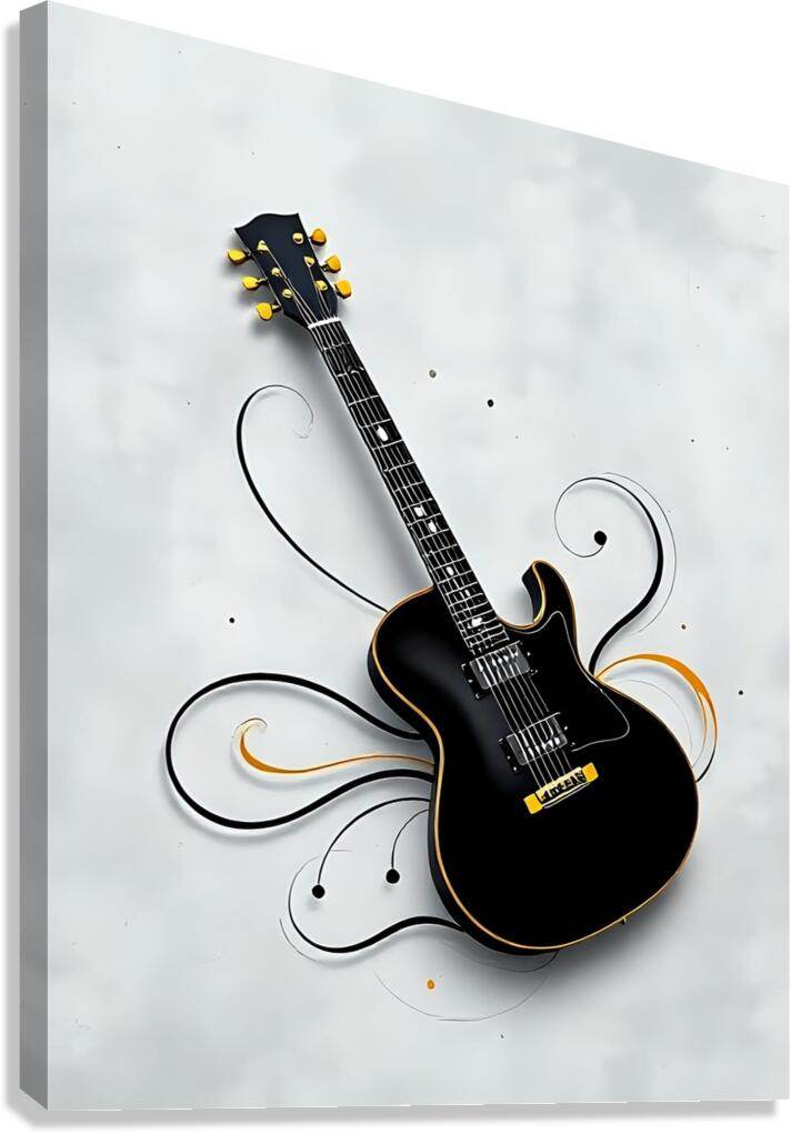 Black electric guitar wall art with curling music-note lines and orange accents
