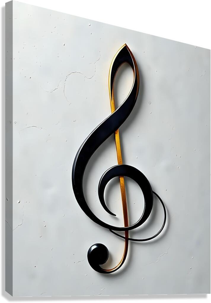 Sculptural treble clef wall art with black curls, gold accents, and a small round note