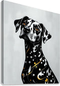 Dalmatian portrait wall art of black-and-white dog with orange eyes and gold accents