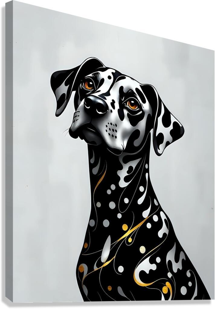 Dalmatian portrait wall art of black-and-white dog with orange eyes and gold accents