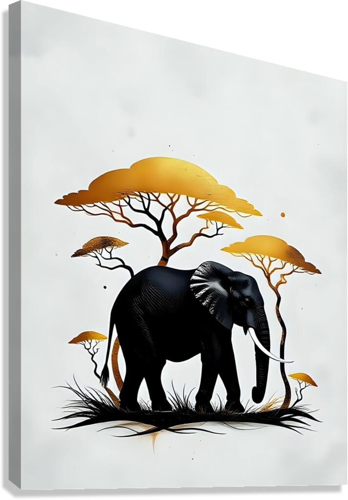 Elephant wildlife wall art with black elephants under golden savanna trees
