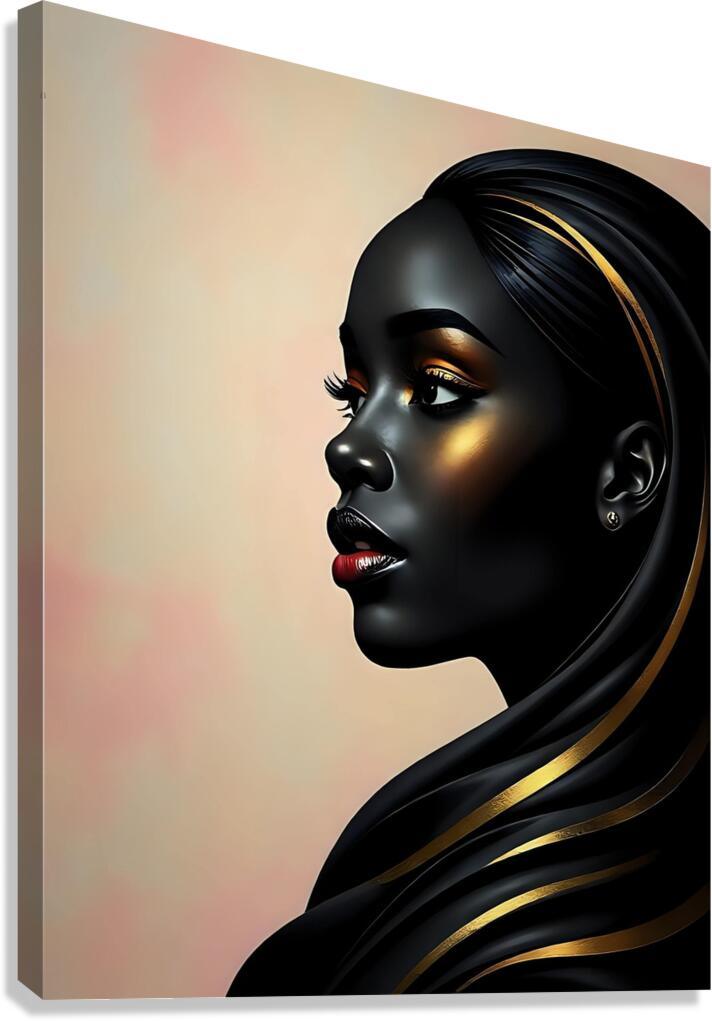Portrait wall art: black woman's side profile with gold accents and sleek headwrap