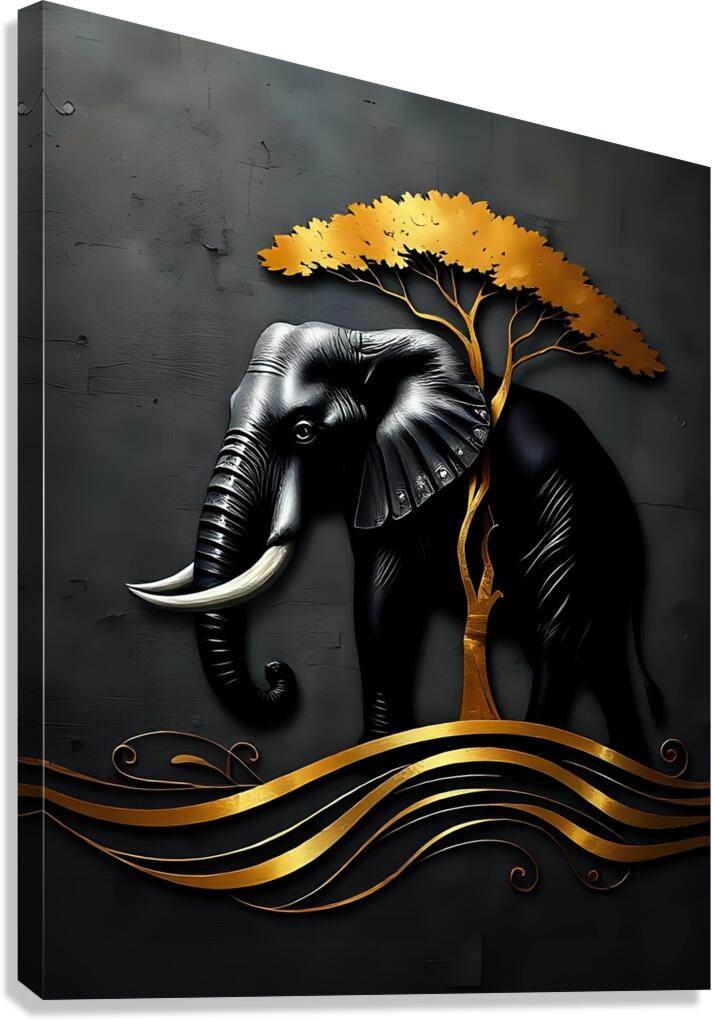 Stylized art print of a silver elephant with a golden tree and flowing gold ribbons