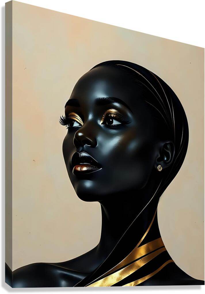 Stylized portrait print of a dark woman in side profile with gold-trimmed collar