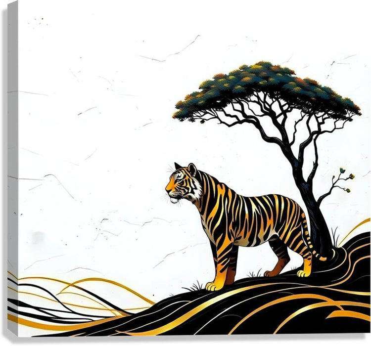 Safari tiger and savannah tree wall art with black and gold wave base