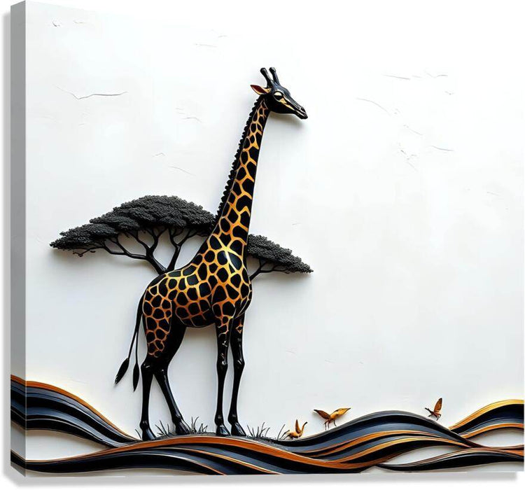 Giraffe wall art print with orange spots beside a dark tree over striped waves
