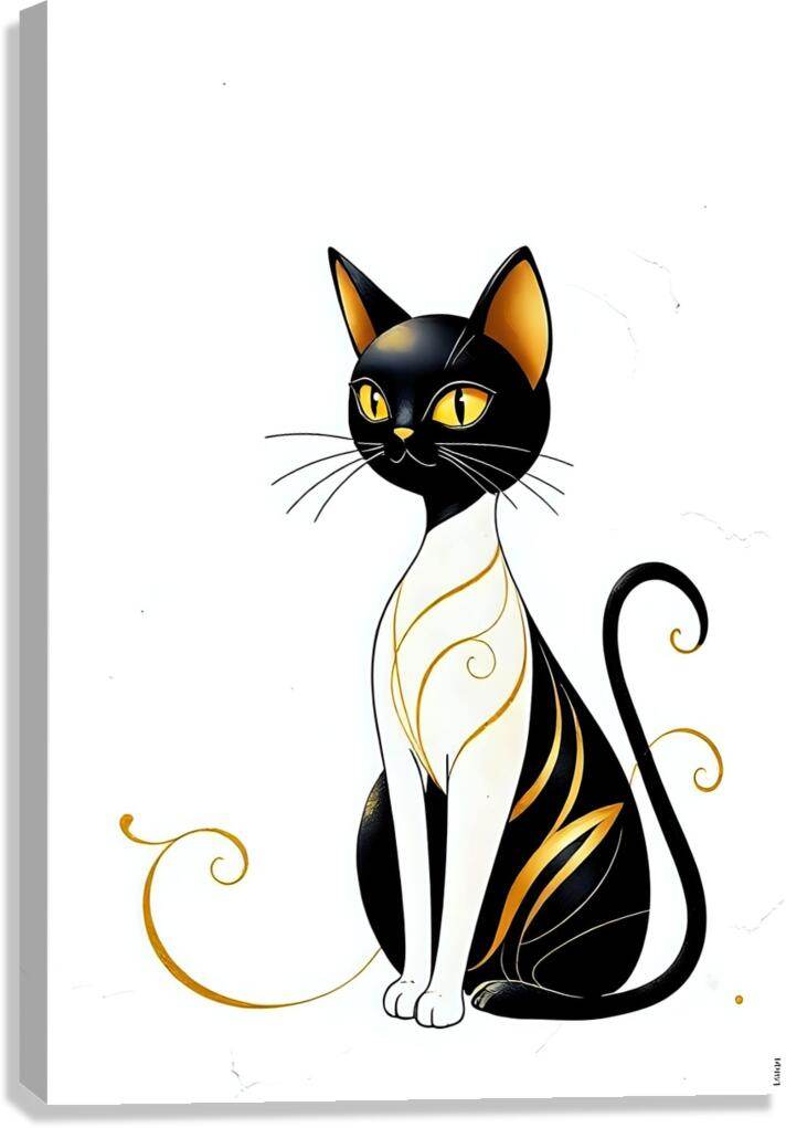 Stylized cat art print, black cat with gold accents and yellow eyes, swirling tail