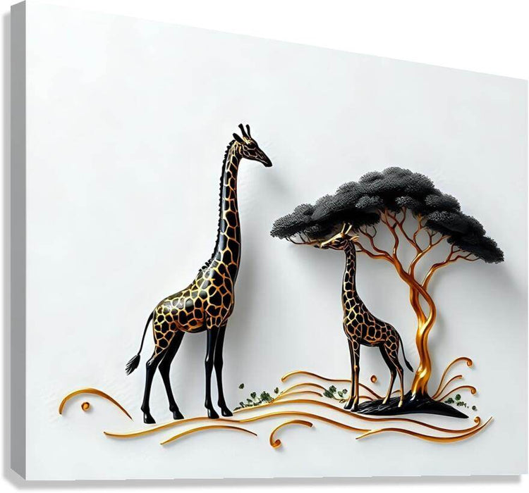 Giraffe and tree wall art print, black-and-gold giraffes with orange roots on canvas