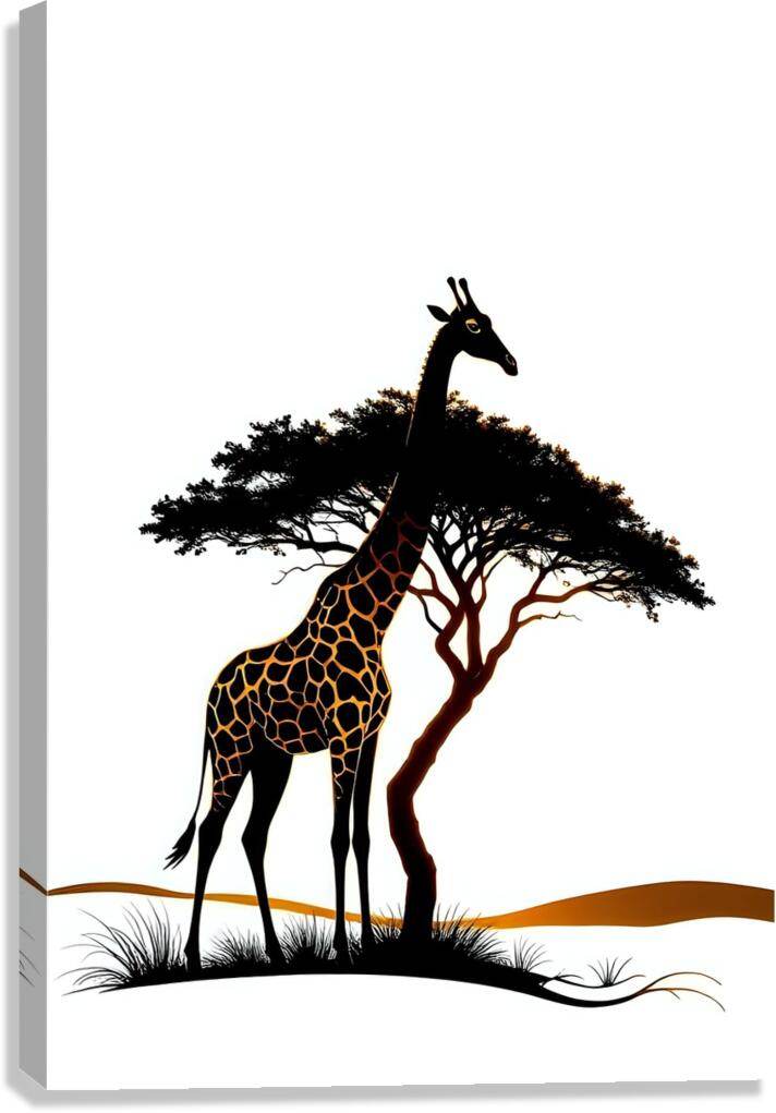 Stylized giraffe wall art with black tree canopy and orange ground stripe