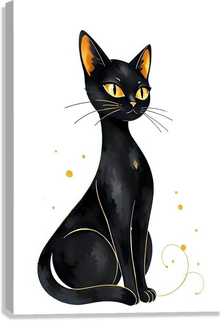 Black cat illustration on white canvas, yellow eyes, orange ears, curled tail