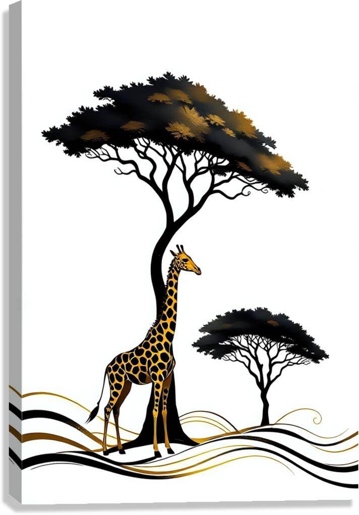 Giraffe wildlife wall art with black tree and golden canopy, standing by wavy lines