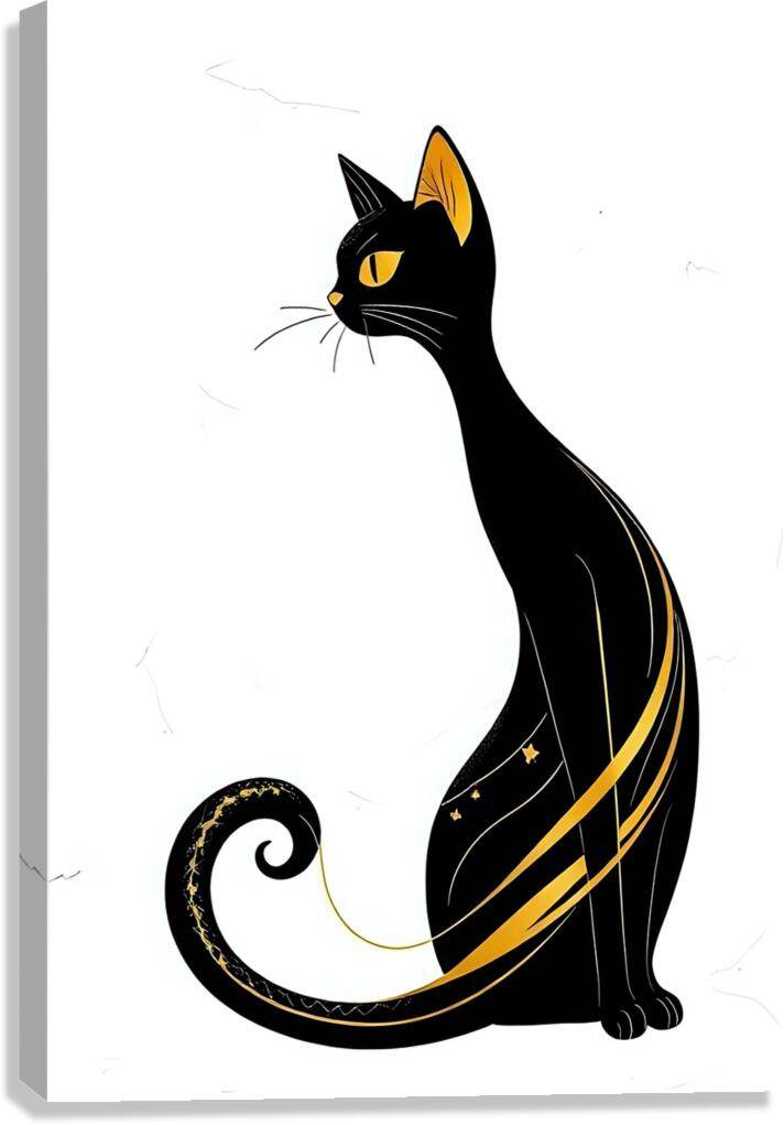 Cat art stretched canvas print: black cat with yellow highlights and curved tail