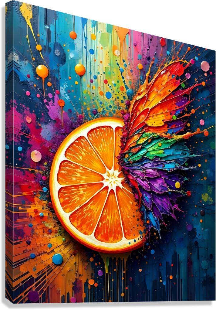 Abstract orange wall art on colorful canvas, sliced orange with rainbow splashes.