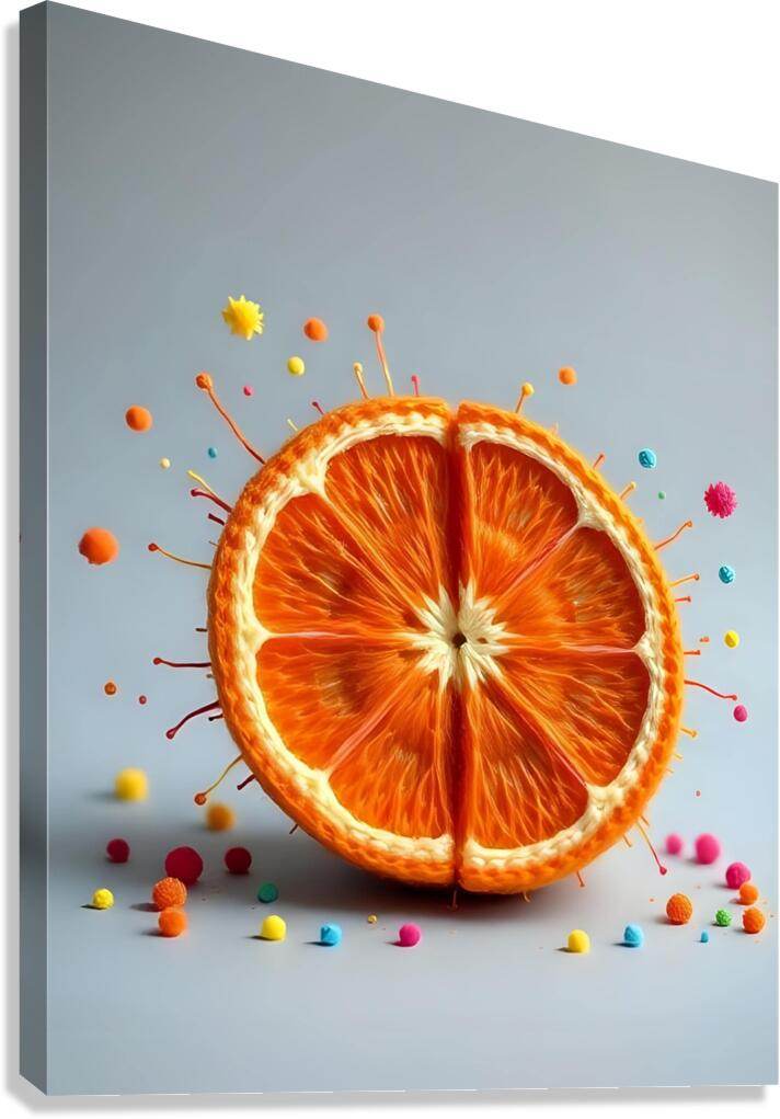Stretched canvas print with orange citrus slice, sprinkles, and splash on light blue
