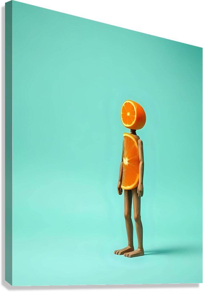 Abstract wall art canvas with orange fruit-headed figure on teal background