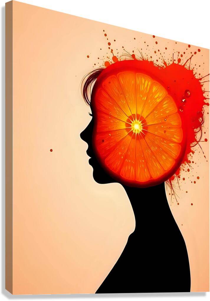 Abstract portrait wall art with black profile silhouette and orange citrus burst above head