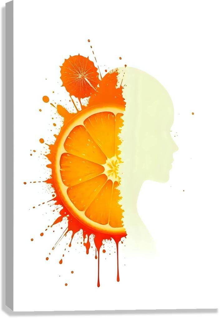 Abstract portrait print on white canvas: orange citrus profile with pale yellow silhouette splatter