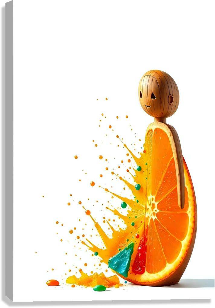 Abstract orange character print with smiling fruit figure and colorful juice splash