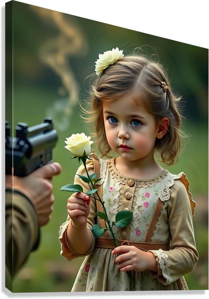 Art print of young girl holding a white flower, with a rifle in view
