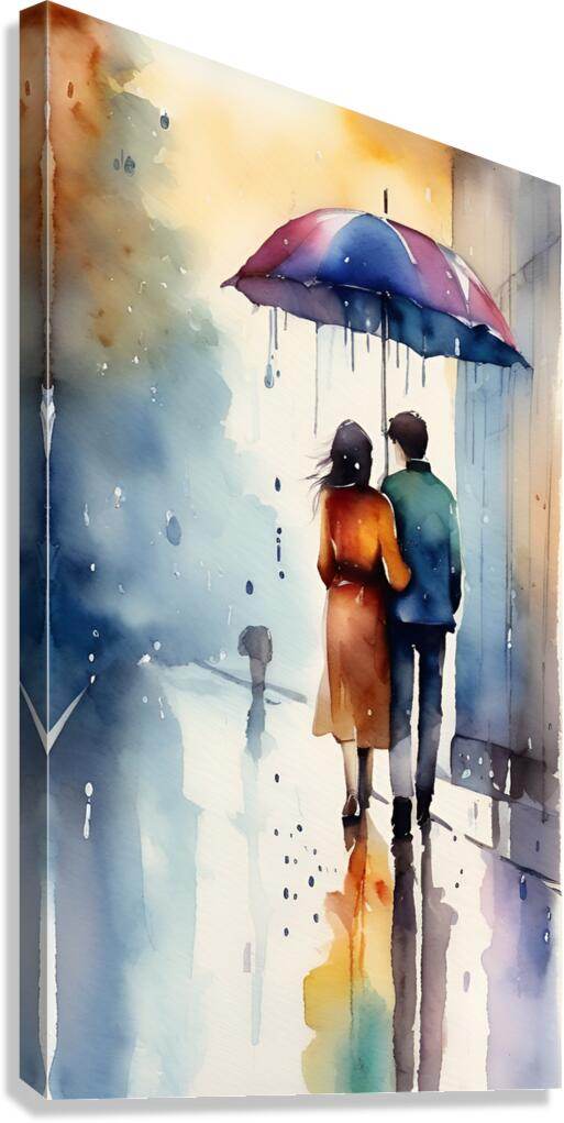 Stretched canvas wall art: couple under purple-blue umbrella in rainy watercolor scene