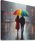 Rainbow umbrella couple artwork on a dark-stretched canvas, woman in red dress and man in blue jeans