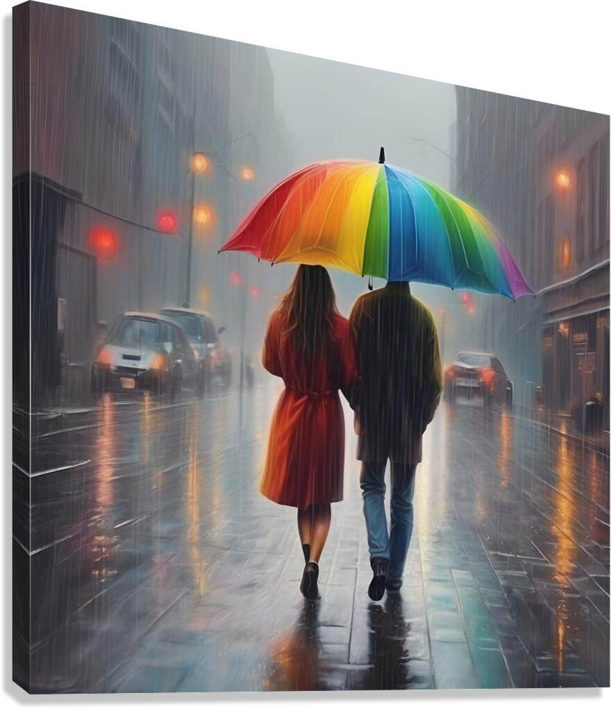 Rainbow umbrella couple artwork on a dark-stretched canvas, woman in red dress and man in blue jeans