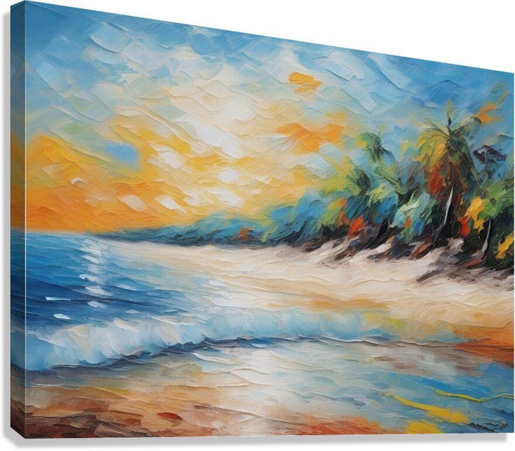 Textured seaside sunset canvas print with blue sky, orange glow, and palm-lined shoreline