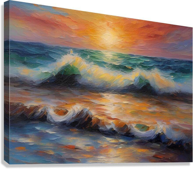 Stretched canvas seascape with crashing waves, orange sunset sky, textured strokes