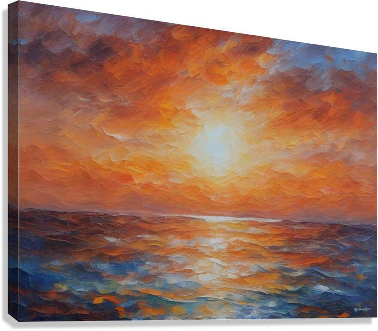Stretched canvas seascape sunset painting with orange clouds and a blue ocean horizon