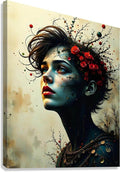 Portrait canvas art of a blue-skinned woman profile with red roses and dark branches