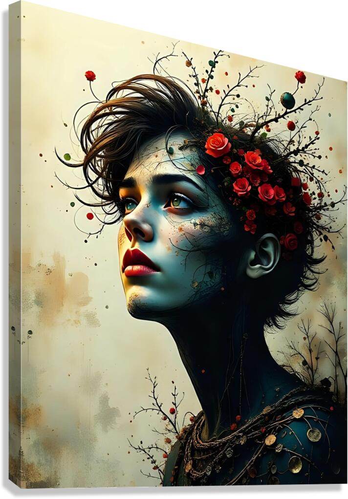 Portrait canvas art of a blue-skinned woman profile with red roses and dark branches