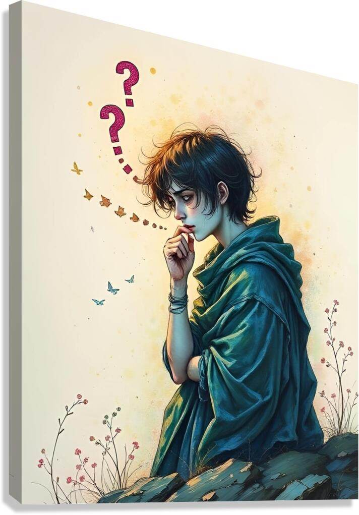 Art print: woman in teal cloak, finger to lips, pink question marks and small flowers