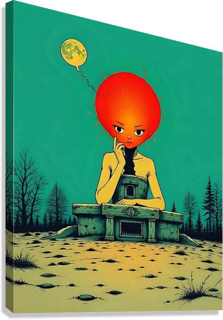 Surreal wall art print of a red-haired child holding a globe on a stick, at a green machine
