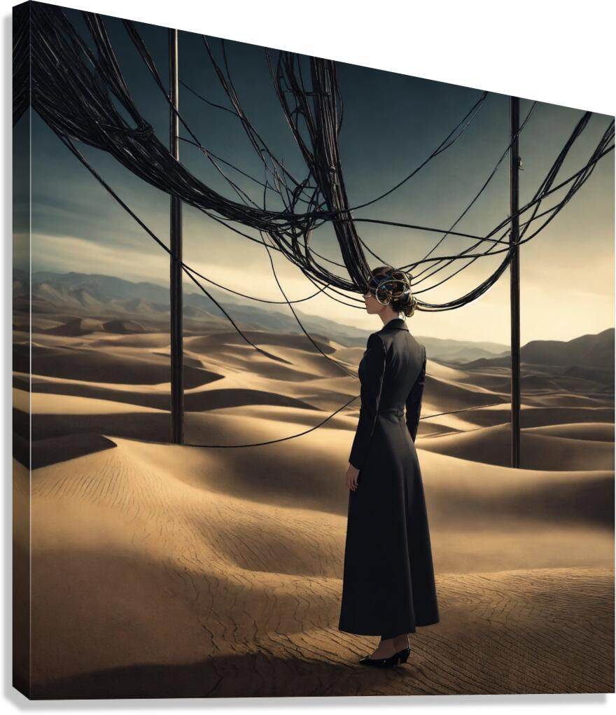 Desert artwork print featuring a woman in a dark dress beneath black wire arches