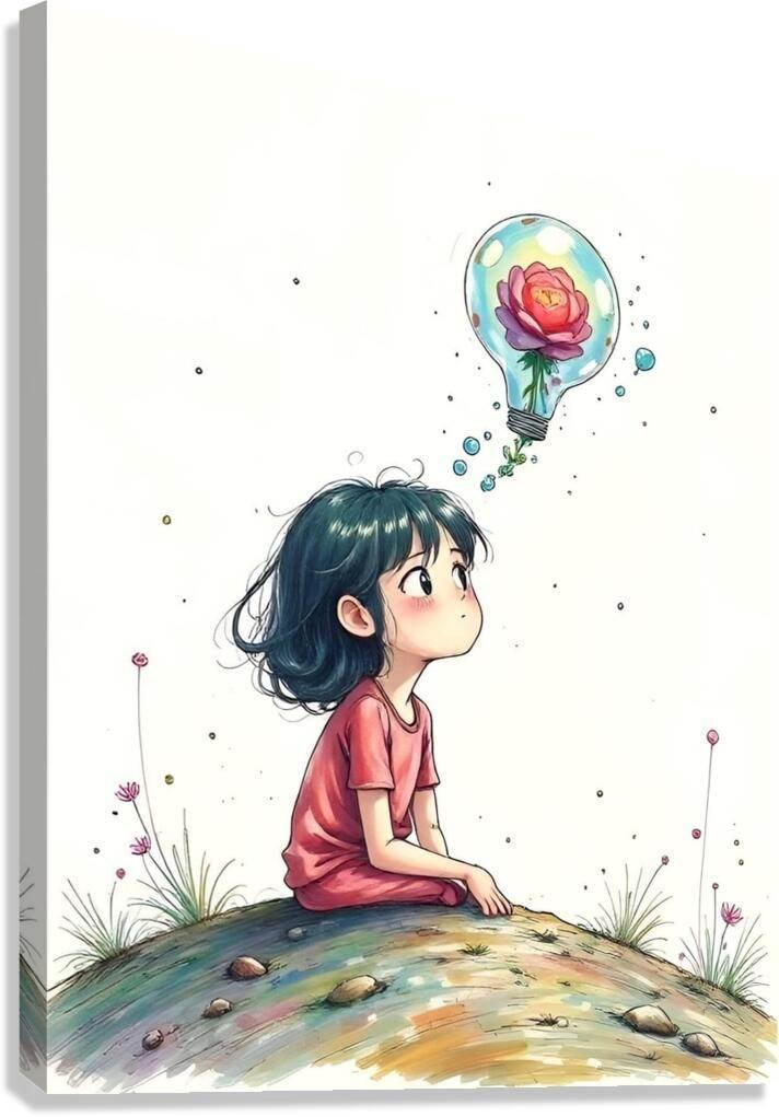 Illustrated wall art of a girl in a red dress sitting on a grassy hill with a rose balloon