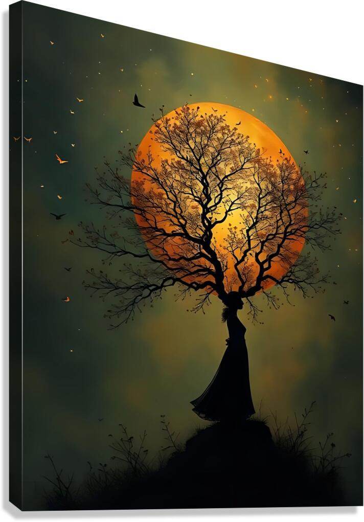 Orange moon wall art with silhouetted tree and dark figure standing in grass