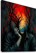 Surreal wall art print of a masked figure with tree branches growing from the head