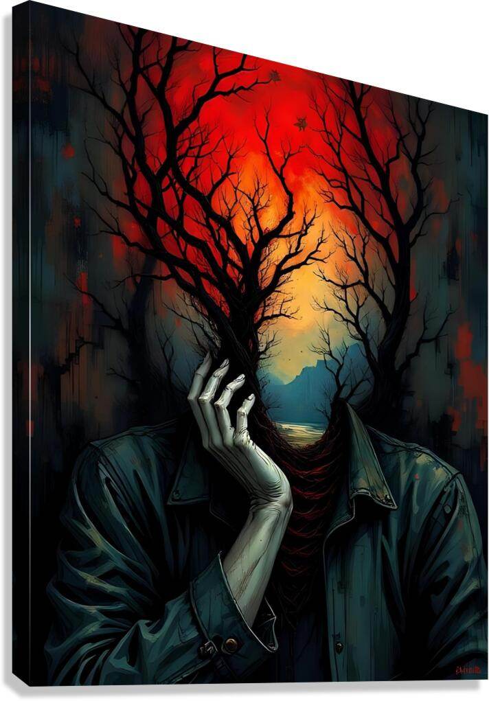 Surreal wall art print of a masked figure with tree branches growing from the head