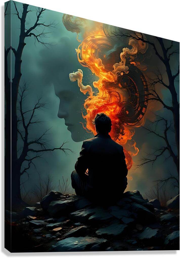 Wall art print with side-profile silhouette and fiery orange swirling flame