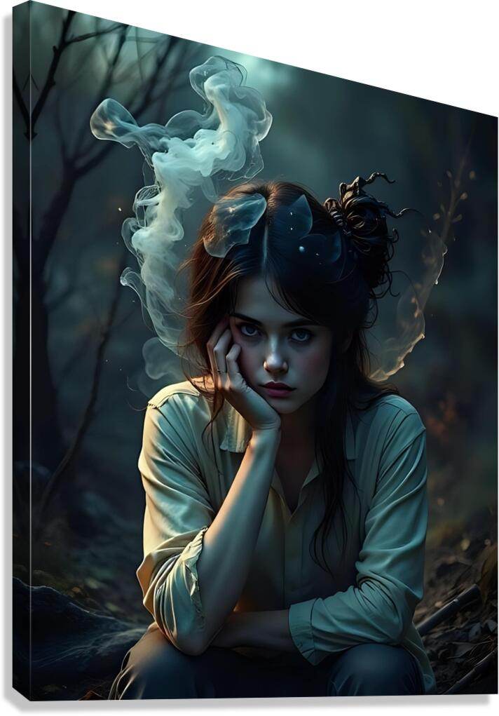 Mystical portrait art print of a woman in a teal dress, with pale smoke around her.