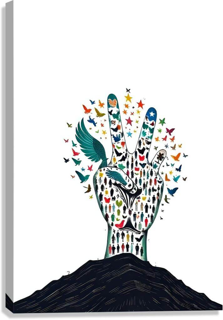 Stretched canvas print: multicolored hand with butterflies and stars over dark hill