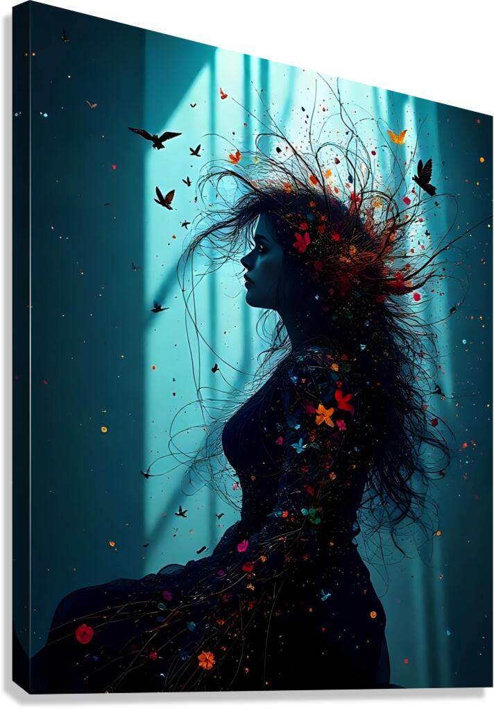 Abstract portrait wall art of a woman in dark silhouette with colorful butterflies