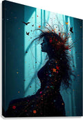 Abstract portrait wall art of a woman in dark silhouette with colorful butterflies