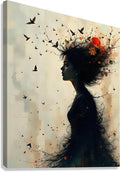 Wall art canvas of side-profile woman with dark hair, birds, red-orange autumn flowers