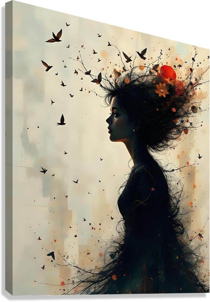 Wall art canvas of side-profile woman with dark hair, birds, red-orange autumn flowers