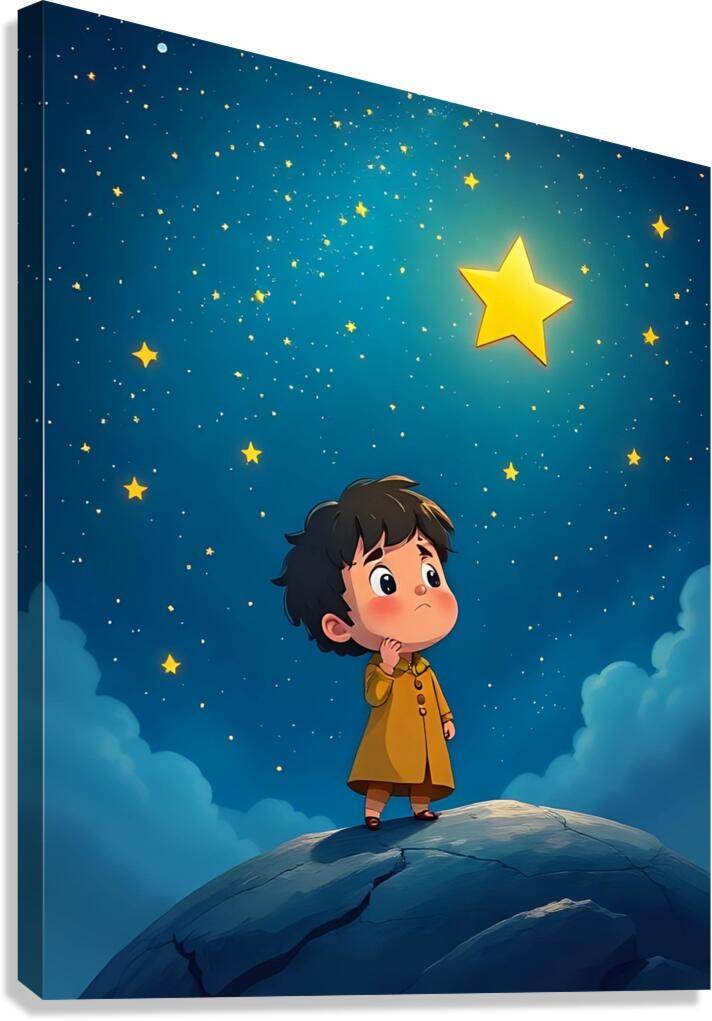 Stretched canvas print of a boy on a planet under a glowing yellow star