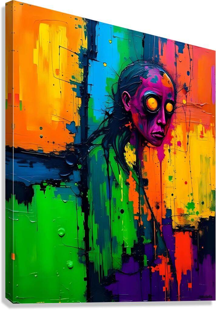 Abstract portrait on stretched canvas with neon orange, green, blue, and purple splashes