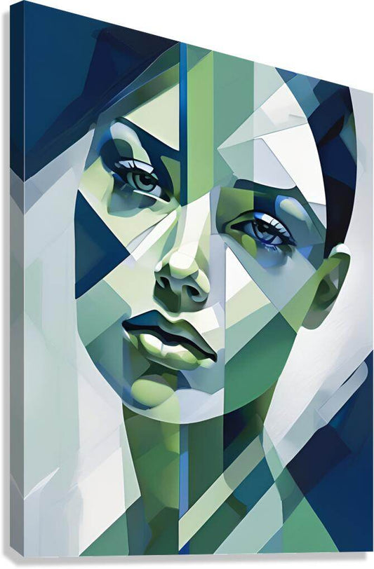 Geometric portrait wall art print with split-face woman in blue, green, and white