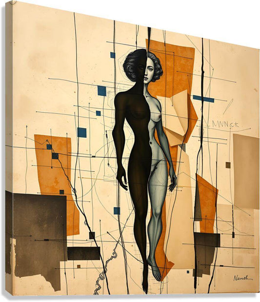 Abstract portrait wall art with geometric woman figure in black, gray, orange and blue